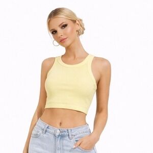 RSQ Womens M/L Pale Yellow Seamless Ribbed High Neck Racerback Crop Tank Top
